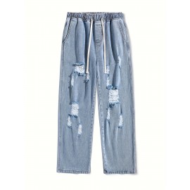 Cotton Blend Ripped Jeans for Adults - Casual Straight-Leg Cropped Pants with Distressed Detail, Non-Stretch Solid Color Summer Denim, Korean Style Hip Hop Fashion