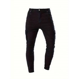 Men's Casual Flap Pocket Skinny Jeans, Chic Street Style Medium Stretch Denim Pants
