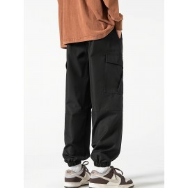 [1pc Men'S Casual Cargo Pants] Men'S Casual Cargo Pants, Polyester 100%, Loose Fit, Non-Stretch, Solid Color, with Drawstring, Multiple Pockets, for Spring/Fall, Woven Regular Length
