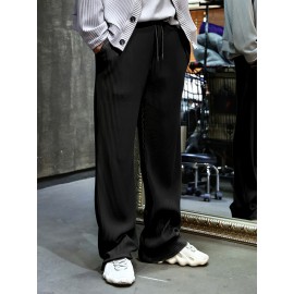 Men's Casual Drawstring Pants - Mid-Waist, Straight Leg, Solid Color Ribbed Design, Polyester Blend, Machine Washable