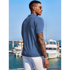 Men'S Summer Casual Knit Button-Down Lapel Shirts - Regular Fit, Slight Stretch Fabric, Solid Color Short Sleeve Casual Shirt with Button Detail